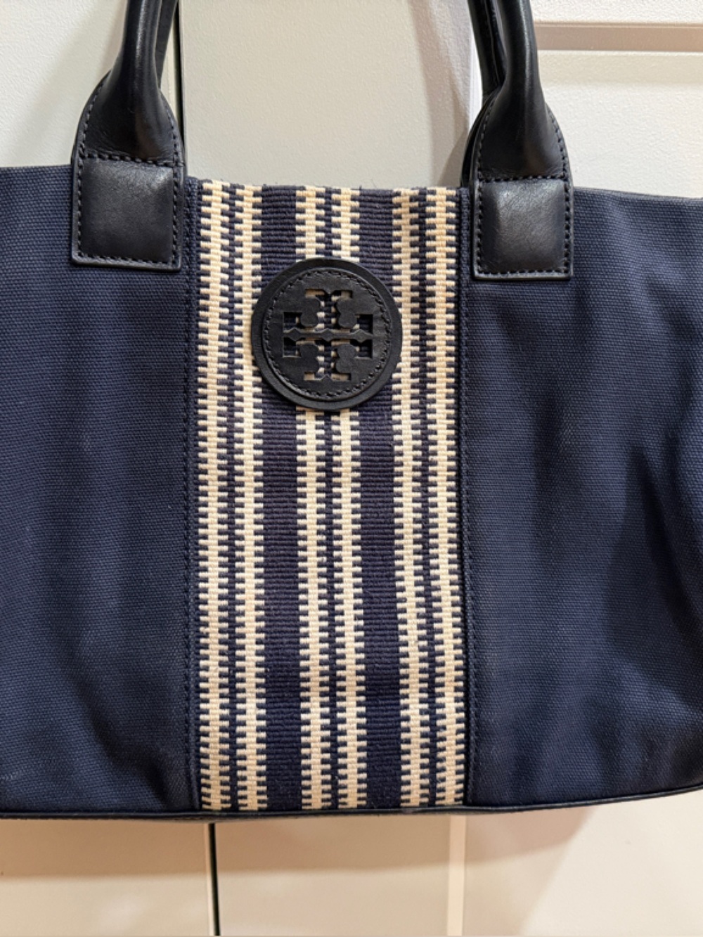 Tory Burch Navy and Cream Striped Canvas Tote with Black Logo